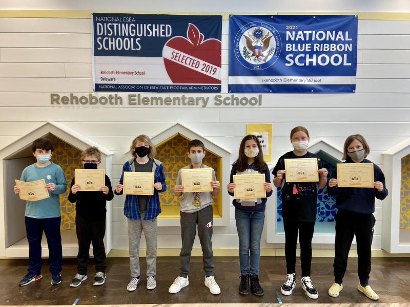 Rehoboth Elementary spelling bee finalists include (l-r) Charlie Bowman, fifth grade; Zach Day, fourth grade; Brandt Kuklish, fifth grade; winner Mohammad Azem, fifth grade; Joanna Tsoukalas, fifth grade; Juliet Webster, fifth grade; and MacKenzie Kupa, fifth grade. Finalist Catherine Ellis, fifth grade, was not available for the photo.